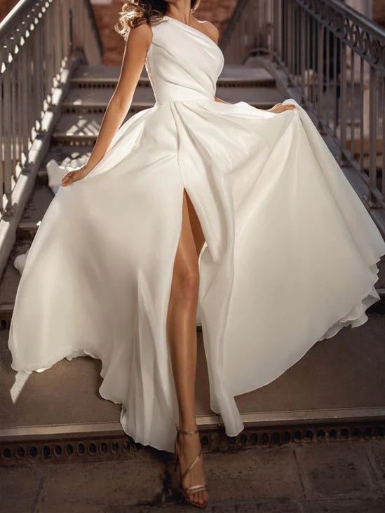 Wholesale A-Line/Princess One-Shoulder Floor-Length Wedding Dress With Split Side